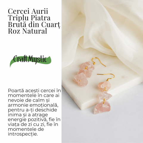 Cercei Cuart Roz Natural Brut Triplu piatra – Iubire, Armonie si Echilibru [2]