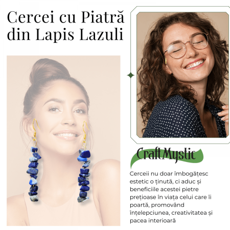 Cercei Lungi cu Pietre Semipretioase de Lapis Lazuli si Elemente din Alama, Bijuterii Aurii pentru Femei [2]
