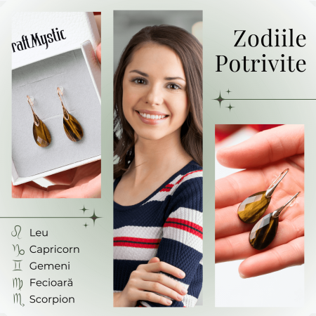 Cercei Eleganti cu Metal Auriu si Piatra Naturala din Ochi de Tigru Fatetat [2]