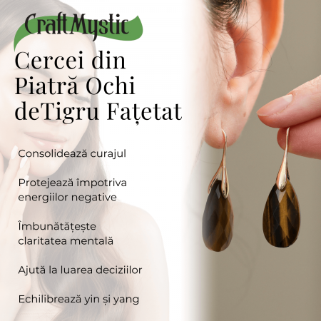 Cercei Eleganti cu Metal Auriu si Piatra Naturala din Ochi de Tigru Fatetat [3]