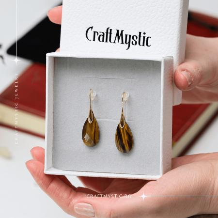 Cercei Eleganti cu Metal Auriu si Piatra Naturala din Ochi de Tigru Fatetat [1]