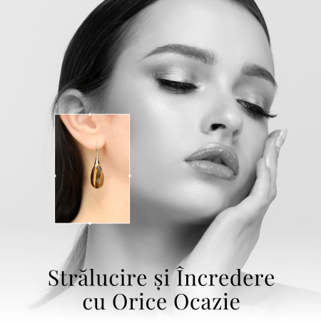 Cercei Eleganti cu Metal Auriu si Piatra Naturala din Ochi de Tigru Fatetat [7]