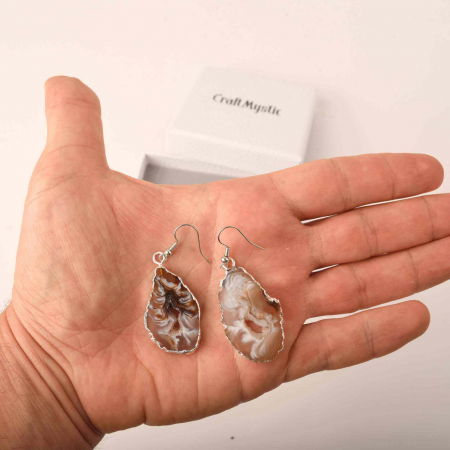 Cercei cu piatra semipretioasa naturala onyx deschis forma geoda cu metal placat argintiu [3]