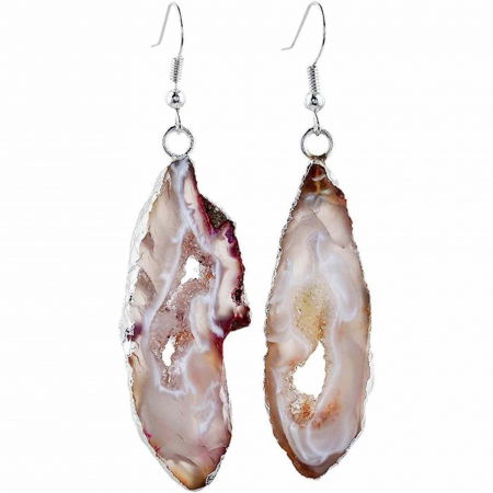 Cercei - Cercei cu piatra semipretioasa naturala onyx deschis forma geoda cu metal placat argintiu