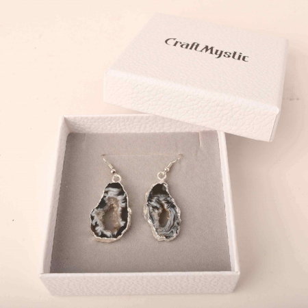 Cercei cu piatra semipretioasa naturala onyx negru forma geoda cu metal placat argintiu [4]