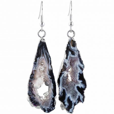 Cercei cu piatra semipretioasa naturala onyx negru forma geoda cu metal placat argintiu
