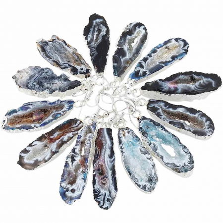 Cercei cu piatra semipretioasa naturala onyx negru forma geoda cu metal placat argintiu [5]