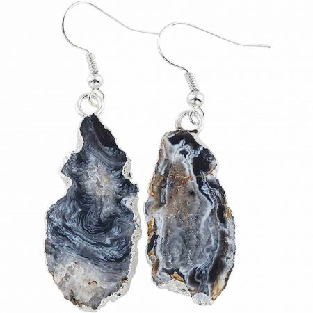 Cercei cu piatra semipretioasa naturala onyx negru forma geoda cu metal placat argintiu [1]