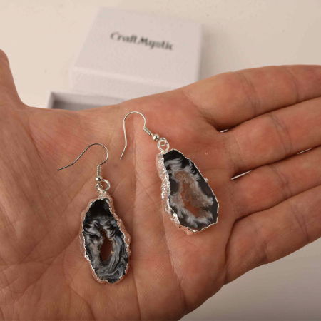 Cercei cu piatra semipretioasa naturala onyx negru forma geoda cu metal placat argintiu [3]