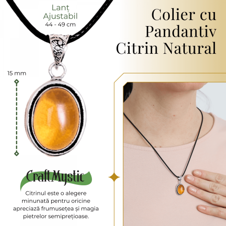 Colier Reglabil cu Pandantiv Oval din Metal Argintiu și Citrin Natural [1]