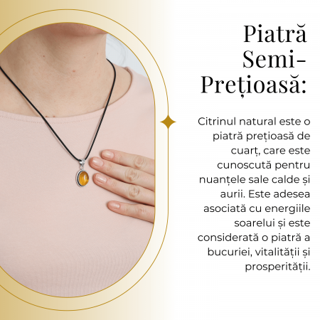 Colier Reglabil cu Pandantiv Oval din Metal Argintiu și Citrin Natural [2]