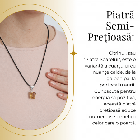 Colier Reglabil cu Pandantiv Argintiu 15mm in Forma Dreptunghiulara cu Citrin Natural Fatetat [2]