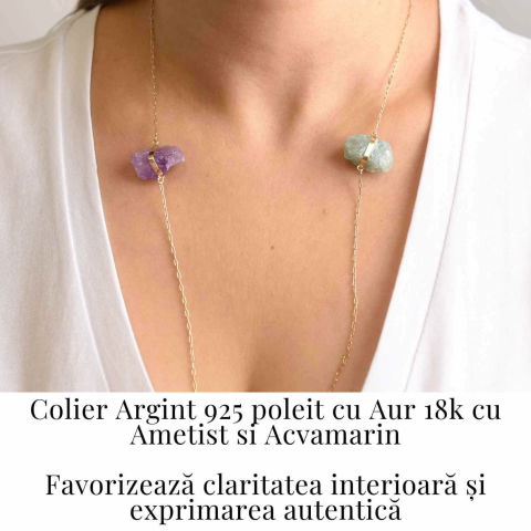 Colier Ametist si Acvamarin Brut din Argint 925 Placat cu Aur 18K – Echilibru Emotional si Claritate Mentala [1]