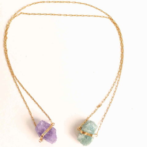 Fecioara - Colier Ametist si Acvamarin Brut din Argint 925 Placat cu Aur 18K – Echilibru Emotional si Claritate Mentala