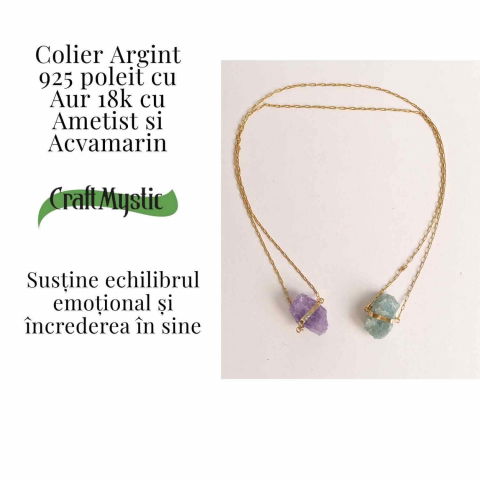Colier Ametist si Acvamarin Brut din Argint 925 Placat cu Aur 18K – Echilibru Emotional si Claritate Mentala [3]