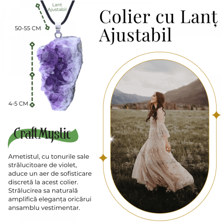 Colier ajustabil cu pandantiv Ametist brut neregulat, calm si claritate [4]