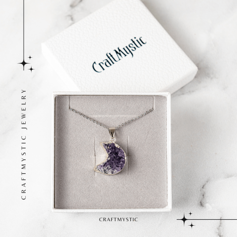 Colier Argintiu cu Ametist Druzy Semiluna – Claritate si Echilibru [6]