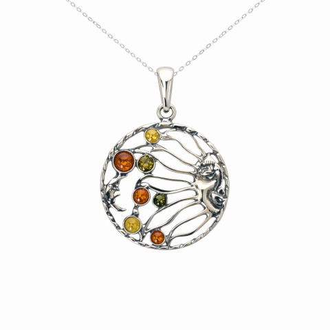 Cristale pe beneficii - Colier Argint 925 Rotund Soare si Luna cu Chihlimbar Natural – Echilibru si Vitalitate