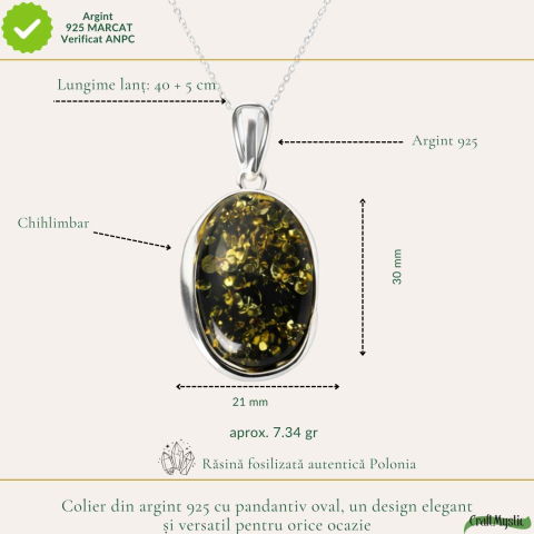 Colier Argint 925 cu Chihlimbar Verde Natural Oval – Energie Calda si Echilibru [3]