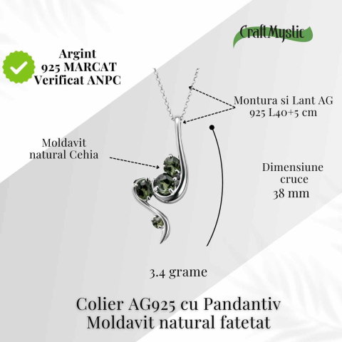 Colier Argint 925 rodiat cu Moldavit natural fatetat 3.4 g – trezirea constiintei si transformare interioara [2]