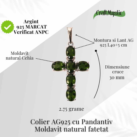 Colier cruce din Argint 925 rodiat cu Moldavit natural fatetat – protectie energetica si intuitie [2]