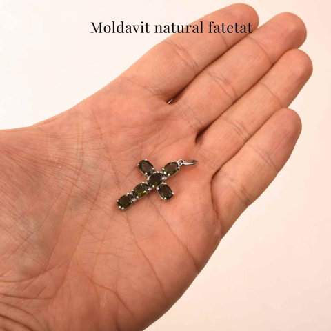 Colier cruce din Argint 925 rodiat cu Moldavit natural fatetat – protectie energetica si intuitie [5]