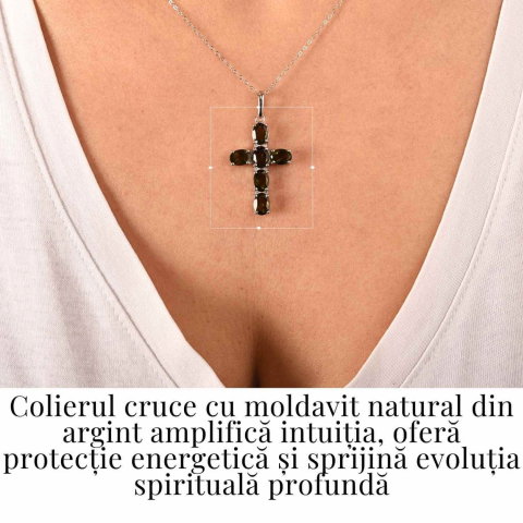 Colier cruce din Argint 925 rodiat cu Moldavit natural fatetat – protectie energetica si intuitie [1]