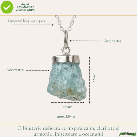 Colier Argint 925 cu Acvamarin Brut Natural – Claritate si Calm Interior [3]
