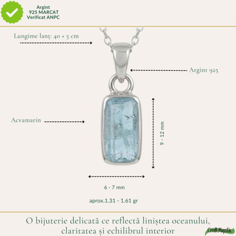 Colier Argint 925 cu Acvamarin Dreptunghi Fatetat – Claritate si Calm Interior [3]