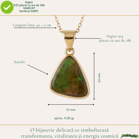 Colier Argint 925 Placat Aur 18K cu Amolit Natural Triunghi – Energie si Prosperitate [3]