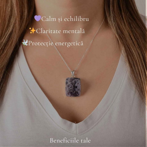 Colier Argint 925 cu Agat Strugure Natural Patrat – Energie de Calm si Echilibru [2]