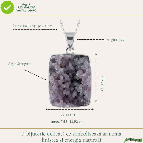 Colier Argint 925 cu Agat Strugure Natural Patrat – Energie de Calm si Echilibru [3]