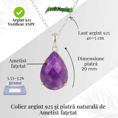 Colier Argint 925 cu Ametist Lacrima fatetat– Claritate, Protectie si Liniste Spirituala [3]