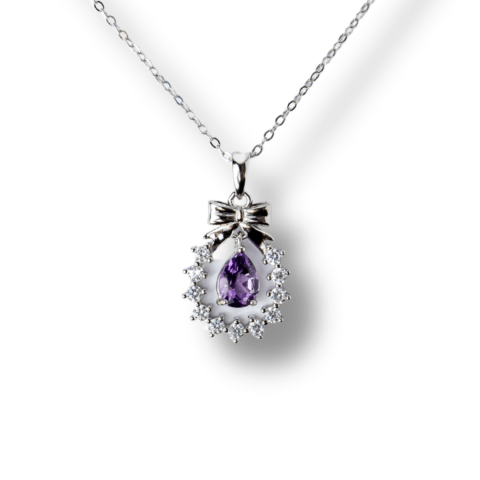 Ametist - Colier Argint 925 cu Ametist Natural si Zirconiu – Pandantiv Ghirlanda cu Fundita, Simbol al Linistii Interioare si Protectiei Energetice