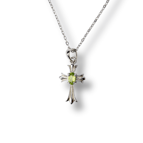Tip Cristal - Colier Argint 925 cu Peridot Natural in Forma de Cruce – Armonie Interioara si Protectie Divina