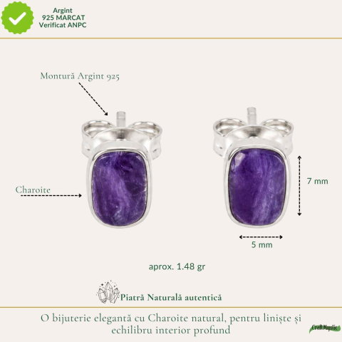 Cercei Argint 925 cu Charoite Natural Dreptunghiular – Intuitie si Eleganta [3]