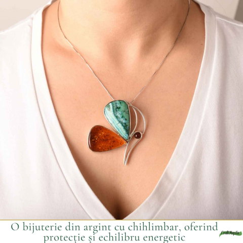 Colier Argint 925 Fluture cu Chihlimbar si Malachit cu Crisocola – Echilibru si Protectie [1]
