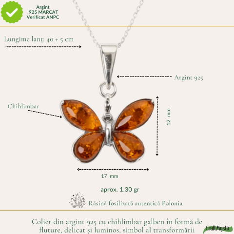 Colier Argint 925 cu Fluture din Chihlimbar Natural – Transformare si Energie Luminoasa [3]
