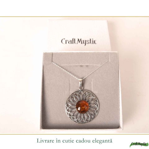 Colier Argint 925 cu Floare Mare din Chihlimbar Natural – Energie Calda si Feminitate [5]