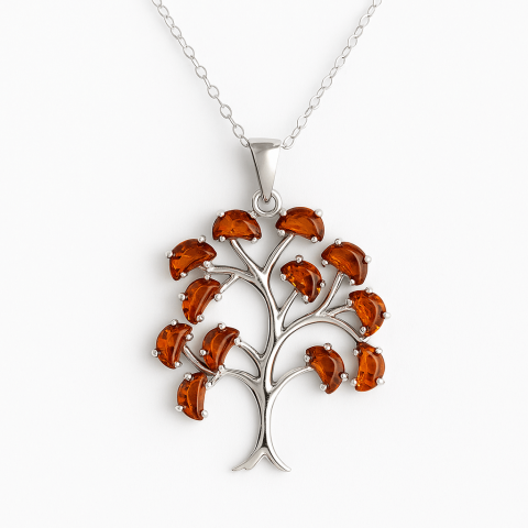 Fecioara - Colier argint 925 cu chihlimbar natural - simbolul copacului vietii