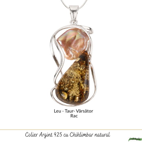 Colier Argint 925 cu Chihlimbar Verde si Perla – Eleganta si Feminitate [4]