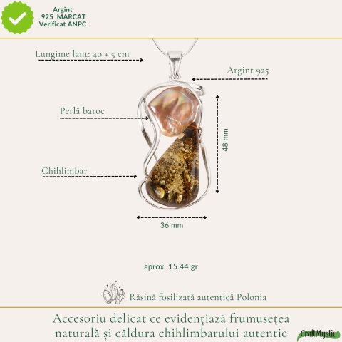 Colier Argint 925 cu Chihlimbar Verde si Perla – Eleganta si Feminitate [3]