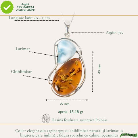 Colier Argint 925 cu Chihlimbar si Larimar Natural – Energie Calda si Echilibru [3]