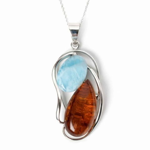 Taur - Colier Argint 925 cu Chihlimbar si Larimar Natural – Armonie si Energie Luminoasa