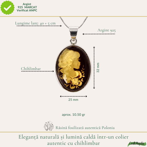 Colier Argint 925 cu Chihlimbar Verde Camee Feminina – Eleganta si Feminitate [3]