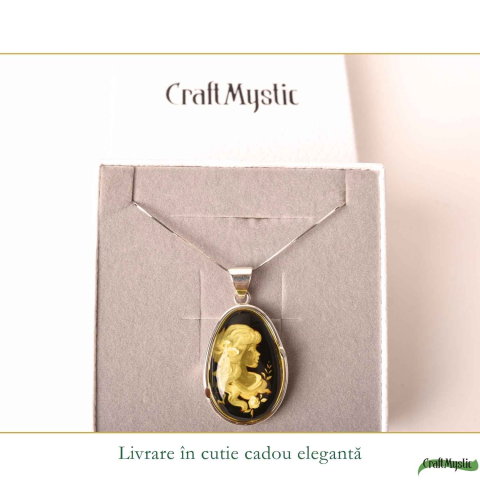 Colier Argint 925 cu Chihlimbar Verde Lacrima Camee Feminina – Eleganțta si Rafinat [5]