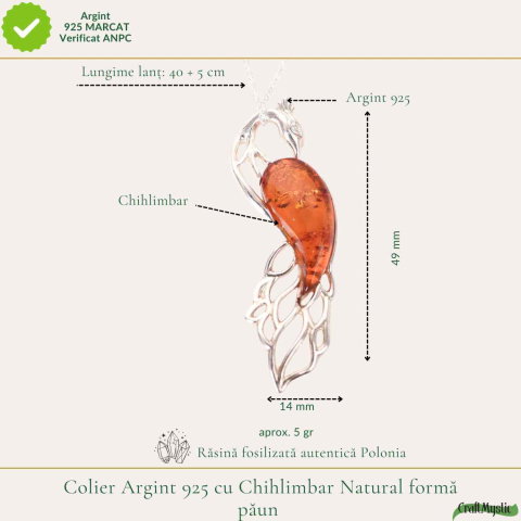 Colier argint 925 cu paun si chihlimbar natural – Energie solara si protectie [3]
