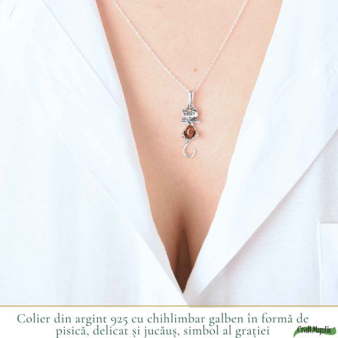 Colier Argint 925 Pisica cu Chihlimbar Natural – Protectie si Energie Calda [1]