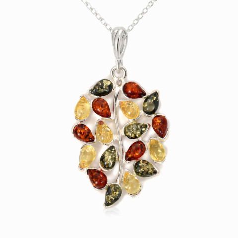 Colier argint 925 frunza si chihlimbar multicolor natural – Vitalitate si protectie