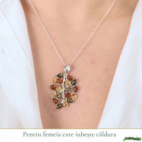 Colier argint 925 frunza si chihlimbar multicolor natural – Vitalitate si protectie [1]